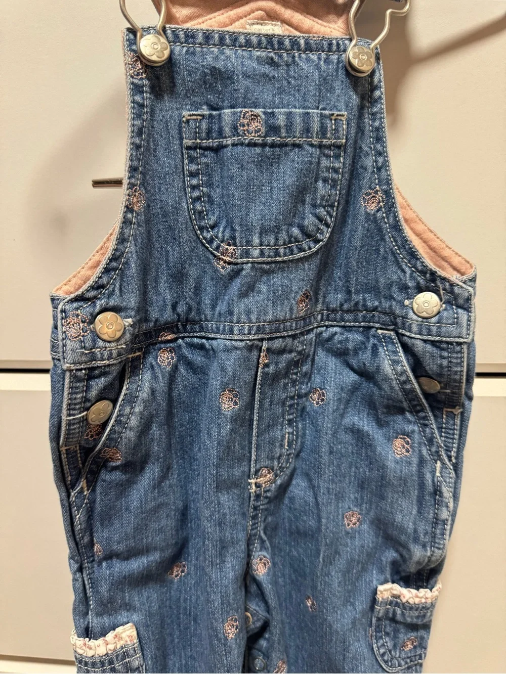 Denim Pink flower ruffle Overalls